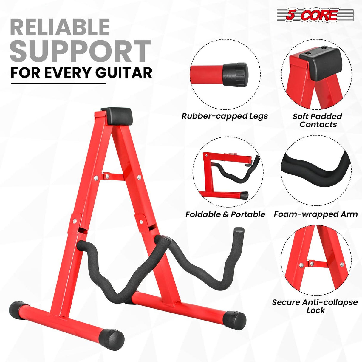 5 Core Guitar Stand A Frame w Soft Foam Arm Non Slip Rubber for Acoustic Electric Bass Ukulele