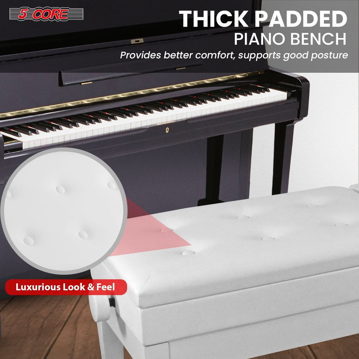 5 Core Duet Piano Bench 3.5 Inch Padded Cushioned Stool Wooden Heavy Duty Musician Chair w Storage