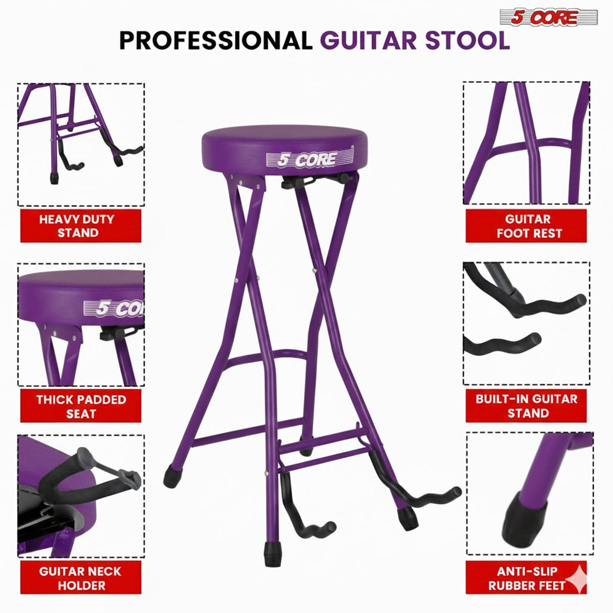5Core Guitar Stool 3.15" Padded Chair Foldable Heavy Duty Music Seat Built in Foot Rest Guitar Stand
