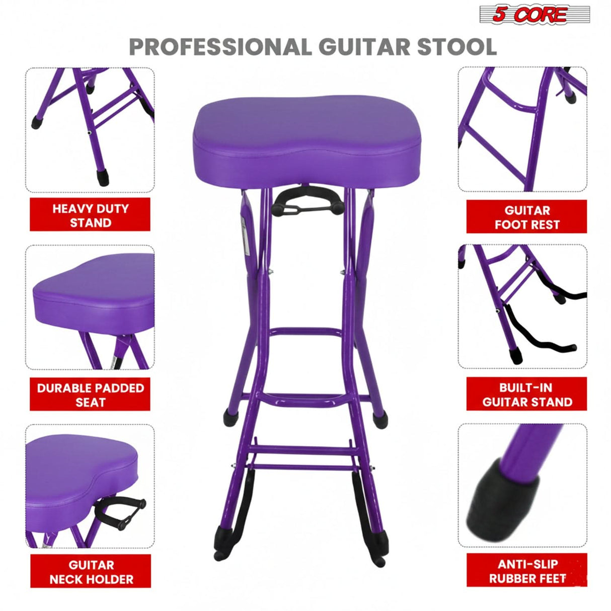 5Core Guitar Stool 3.15" Padded Chair Foldable Heavy Duty Music Seat Built in Foot Rest Guitar Stand