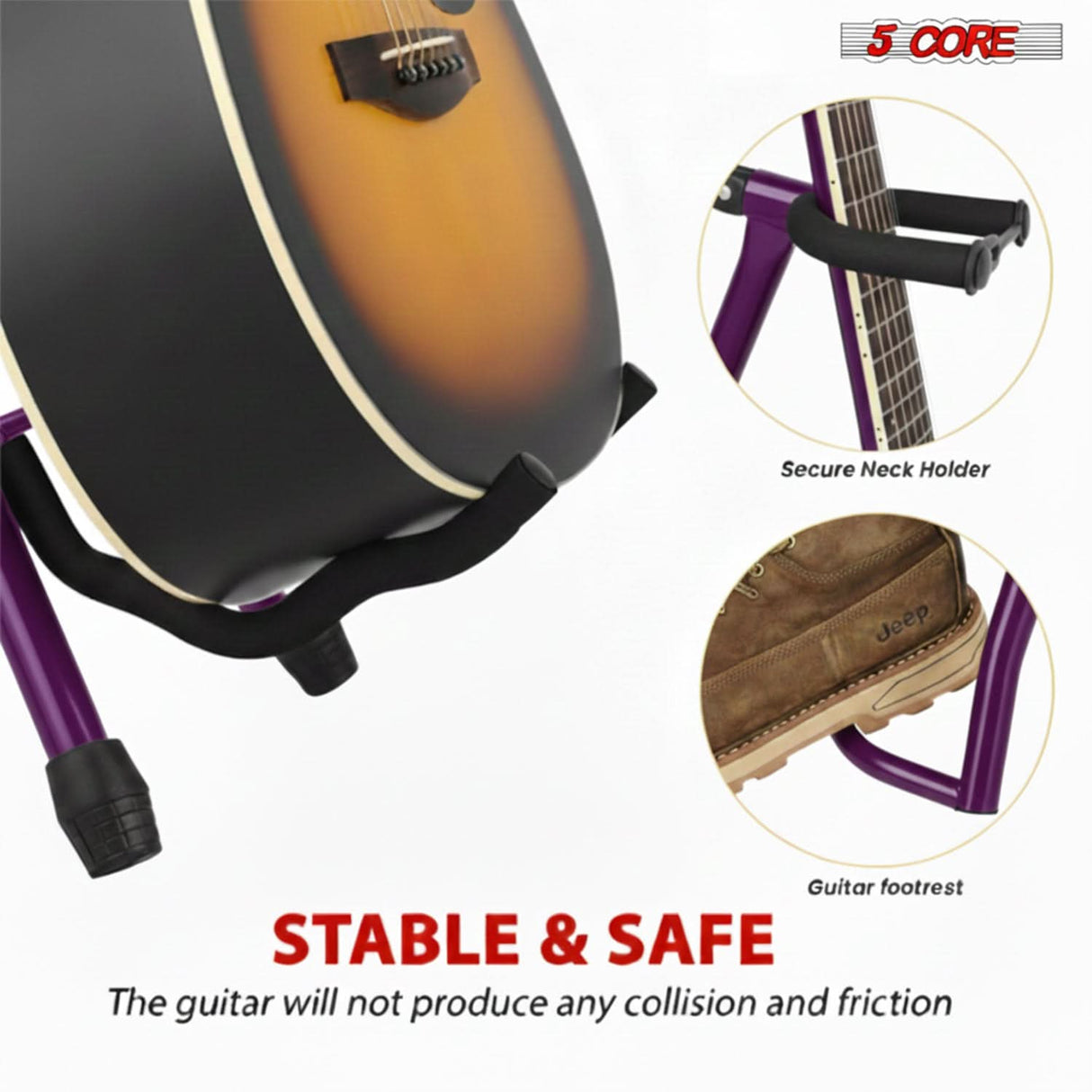 5Core Guitar Stool 3.15" Padded Chair w Backrest Foldable Music Seat Built in Foot Rest Guitar Stand