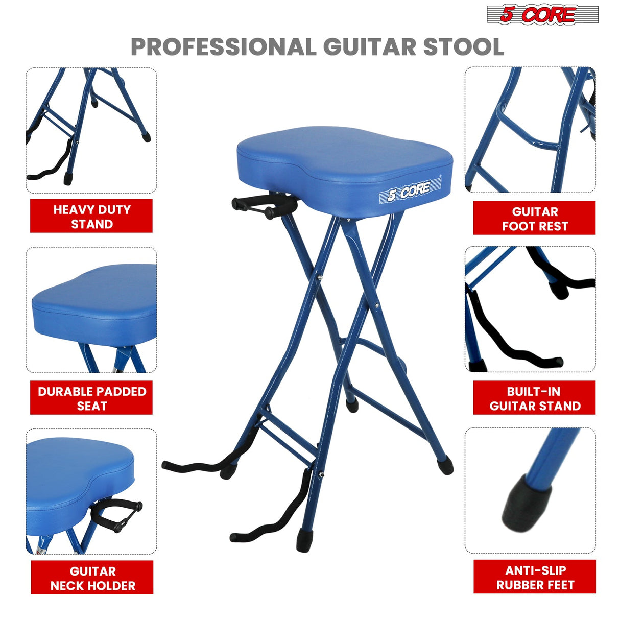 5 Core Guitar Stool 3.15" Padded Chair Foldable Music Seat w Built in Foot Rest Guitar Stand