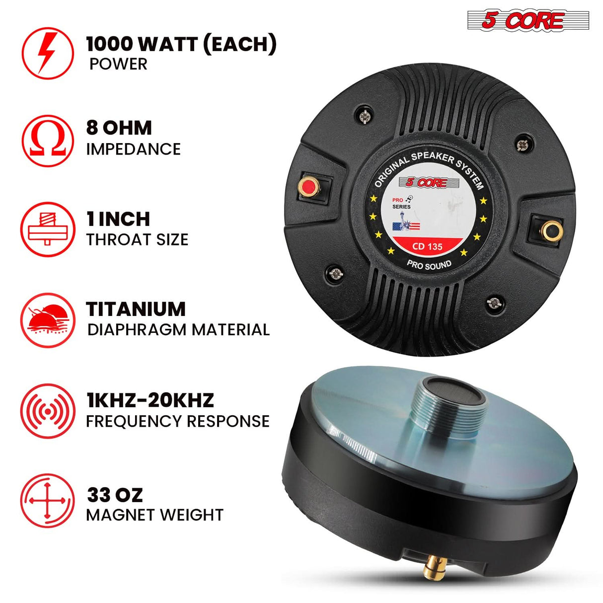 5 Core Compression Driver 2Pc 1″ PA Horn Tweeter Pro Audio 2000W 2″ Voice Coil 33 OZ Magnet 8Ohm