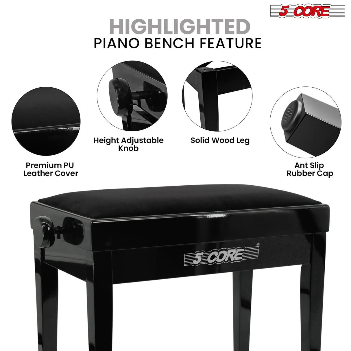 5 Core Adjustable Piano Bench Thick 3.25" Solid Wood Keyboard Stool Heavy Duty Musician Chair