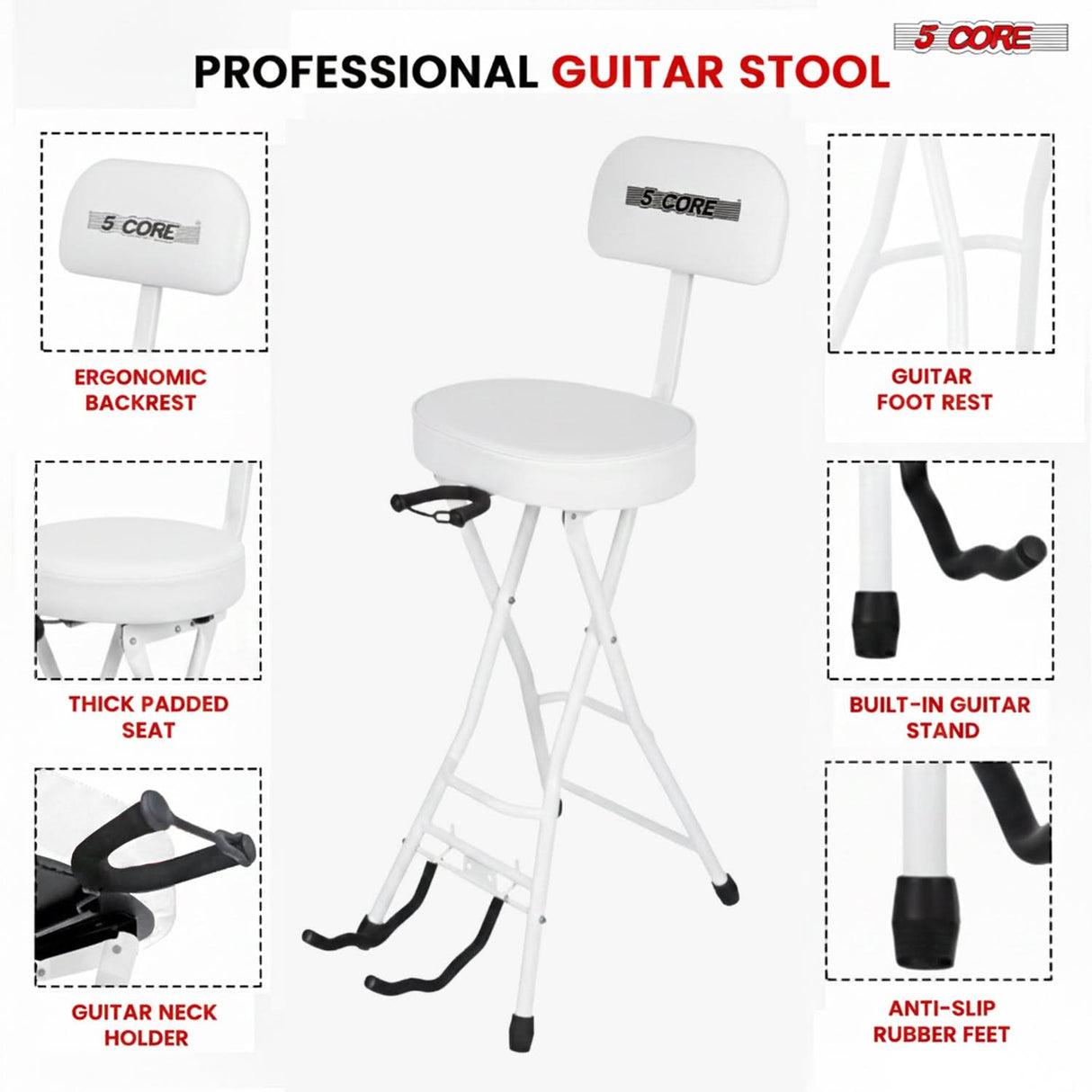 5Core Guitar Stool 3.15" Padded Chair w Backrest Foldable Music Seat Built in Foot Rest Guitar Stand
