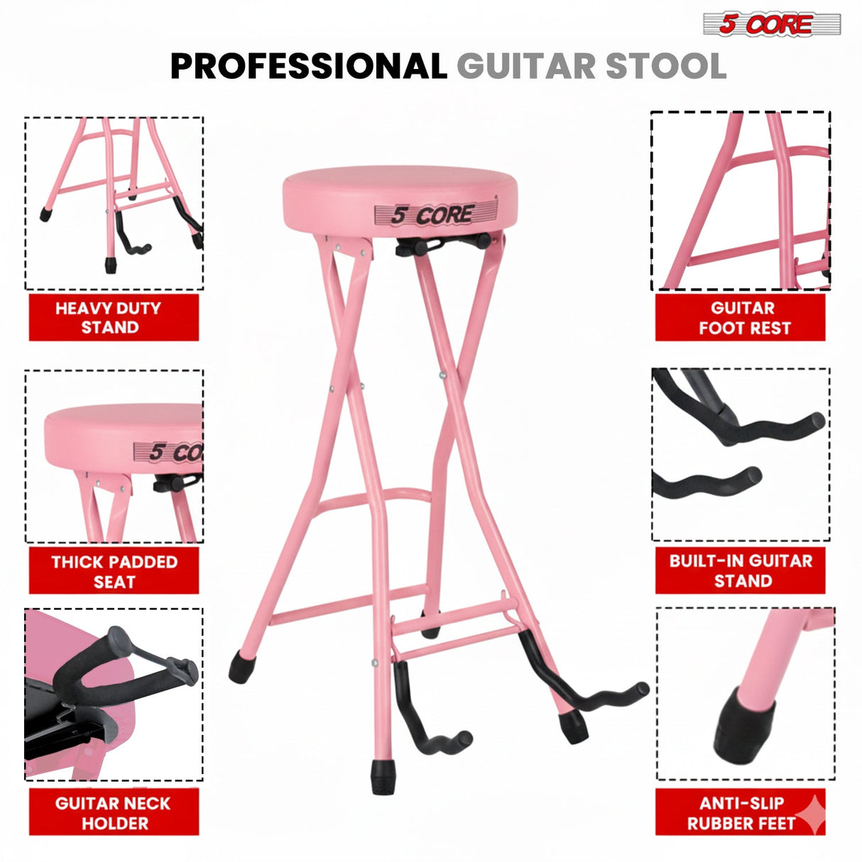 5 Core Guitar Stool 3.15" Padded Chair Foldable Music Seat w Built in Foot Rest Guitar Stand