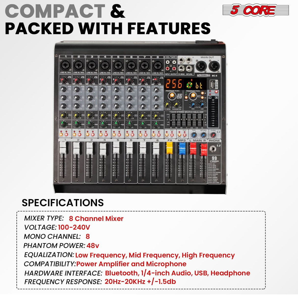 5 Core Audio Mixer 8 Channel DJ Soundboard USB Interface Bluetooth Mixing Console w 99 DSP Effect