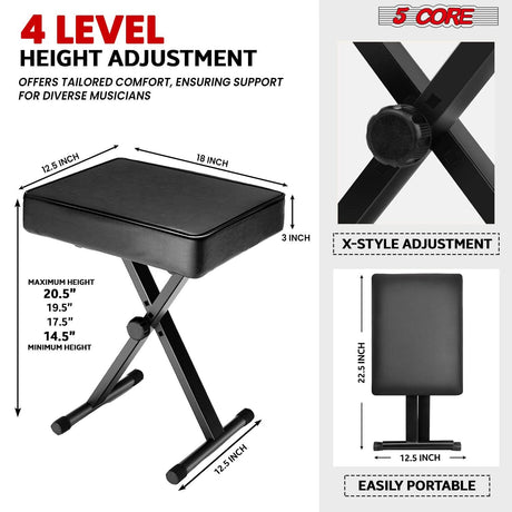 Heavy duty black 5Core X style adjustable keyboard bench, piano stool