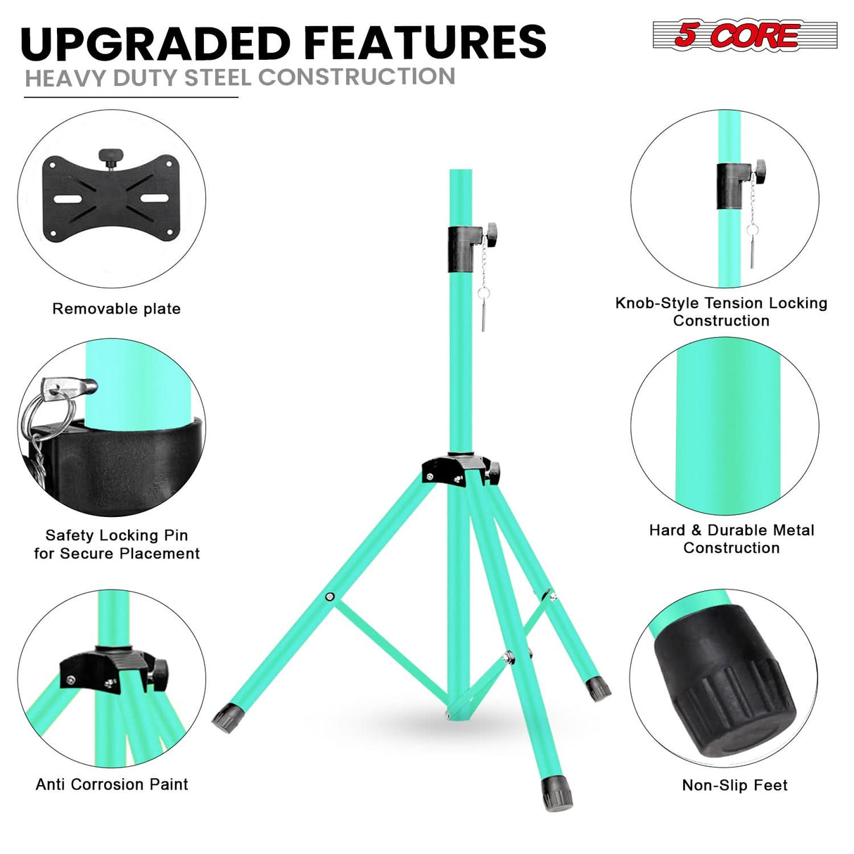 5 Core Speaker Stand Adjustable 31 to 54" PA DJ Tripod Stands Heavy Duty w 35mm Insert 132 Lbs