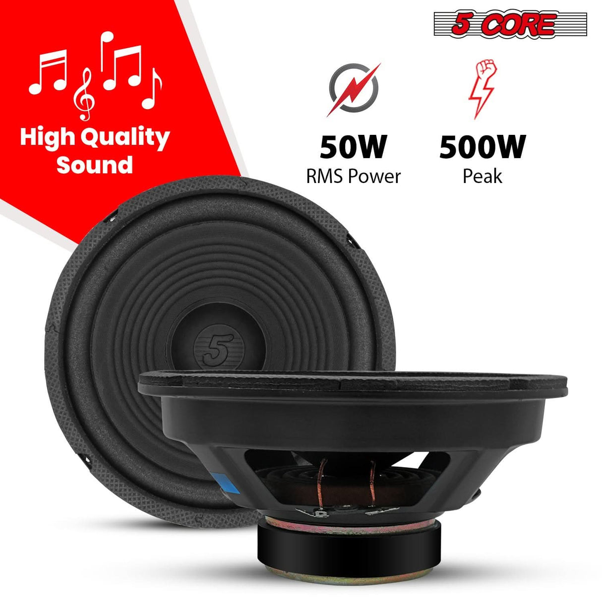 Car audio subwoofer by 5Core designed for strong, punchy bass performance