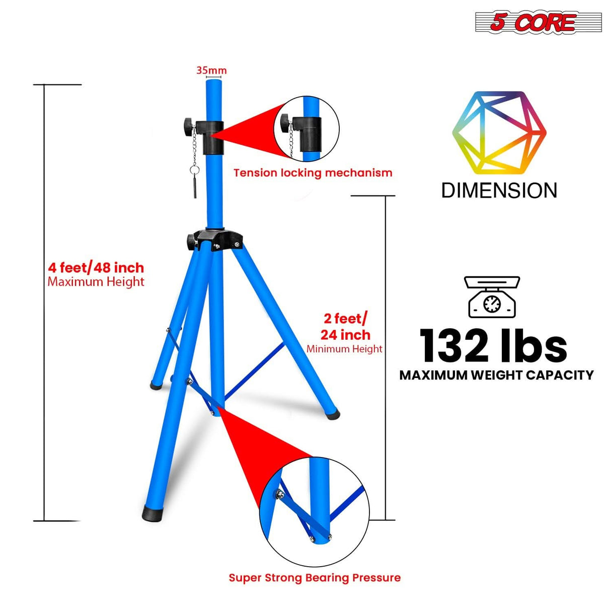 Adjustable sky blue floor tripod stand by 5Core for compact speaker setups