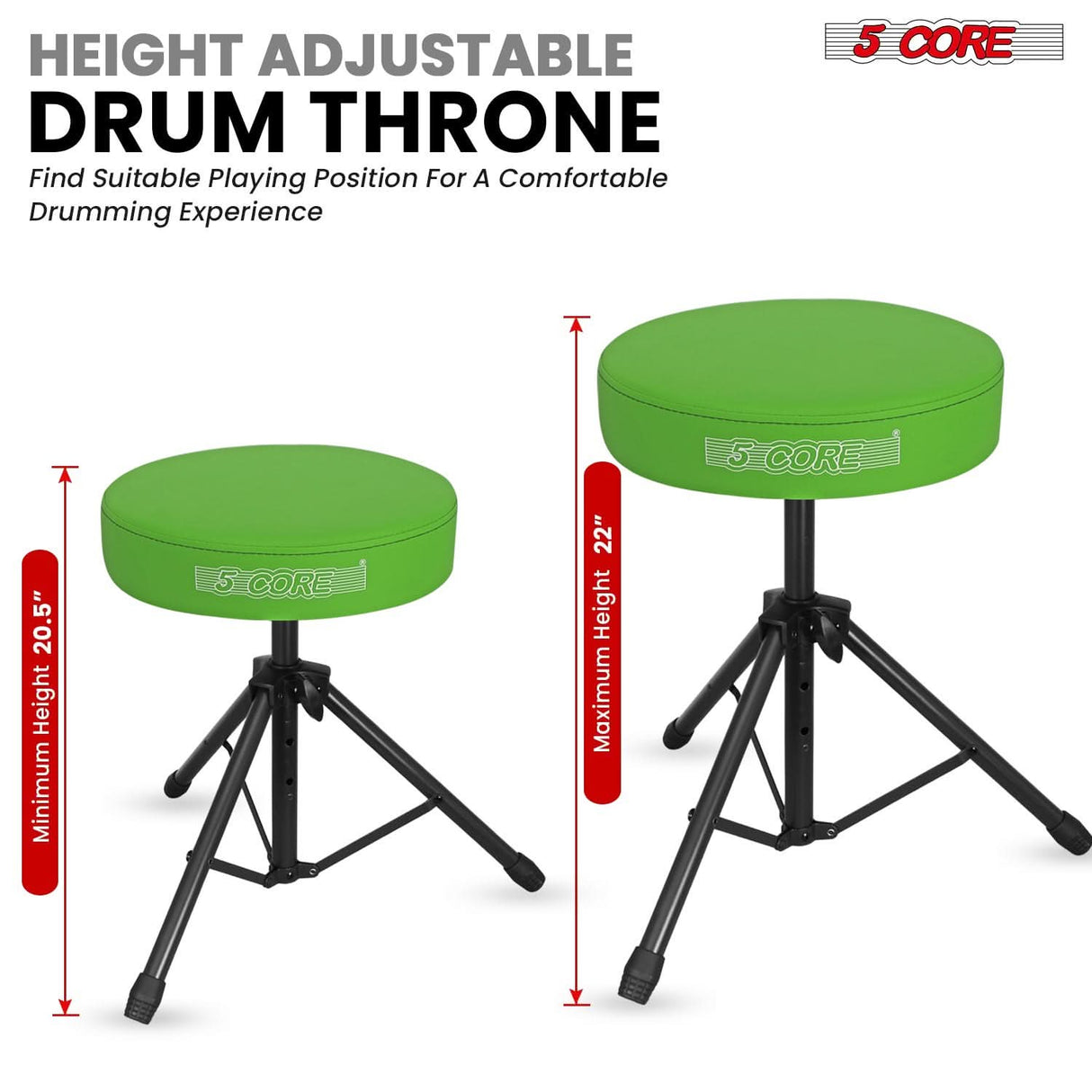 5 Core Drum Throne 3" Thick Padded Memory Foam Comfortable Drummer Stool 330Lb Capacity Adjustable