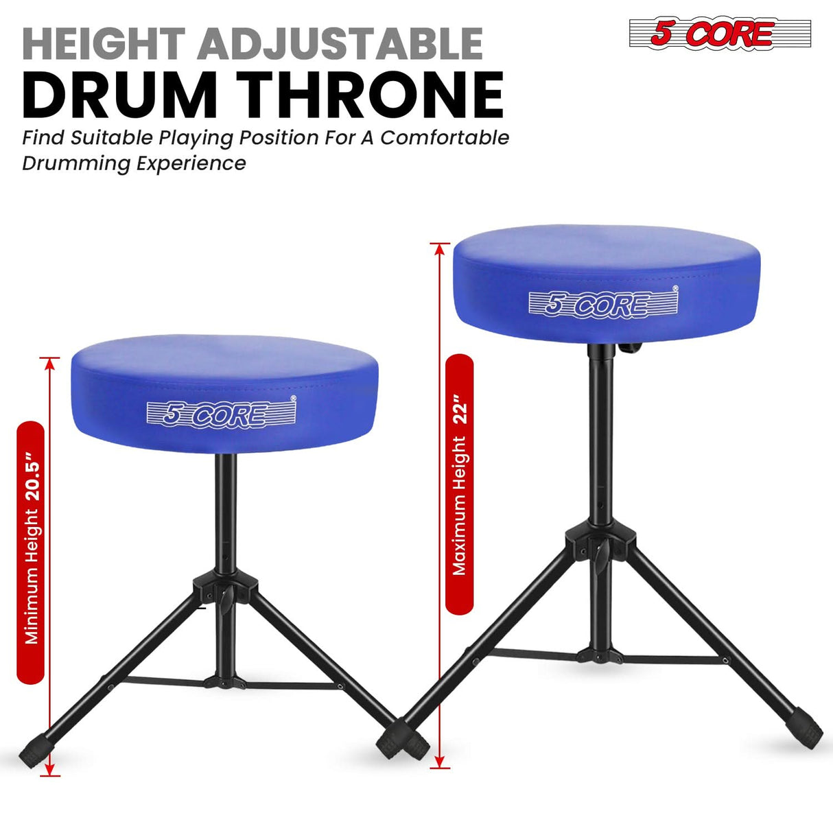 5 Core Drum Throne 3" Thick Padded Memory Foam Comfortable Drummer Stool 330Lb Capacity Adjustable