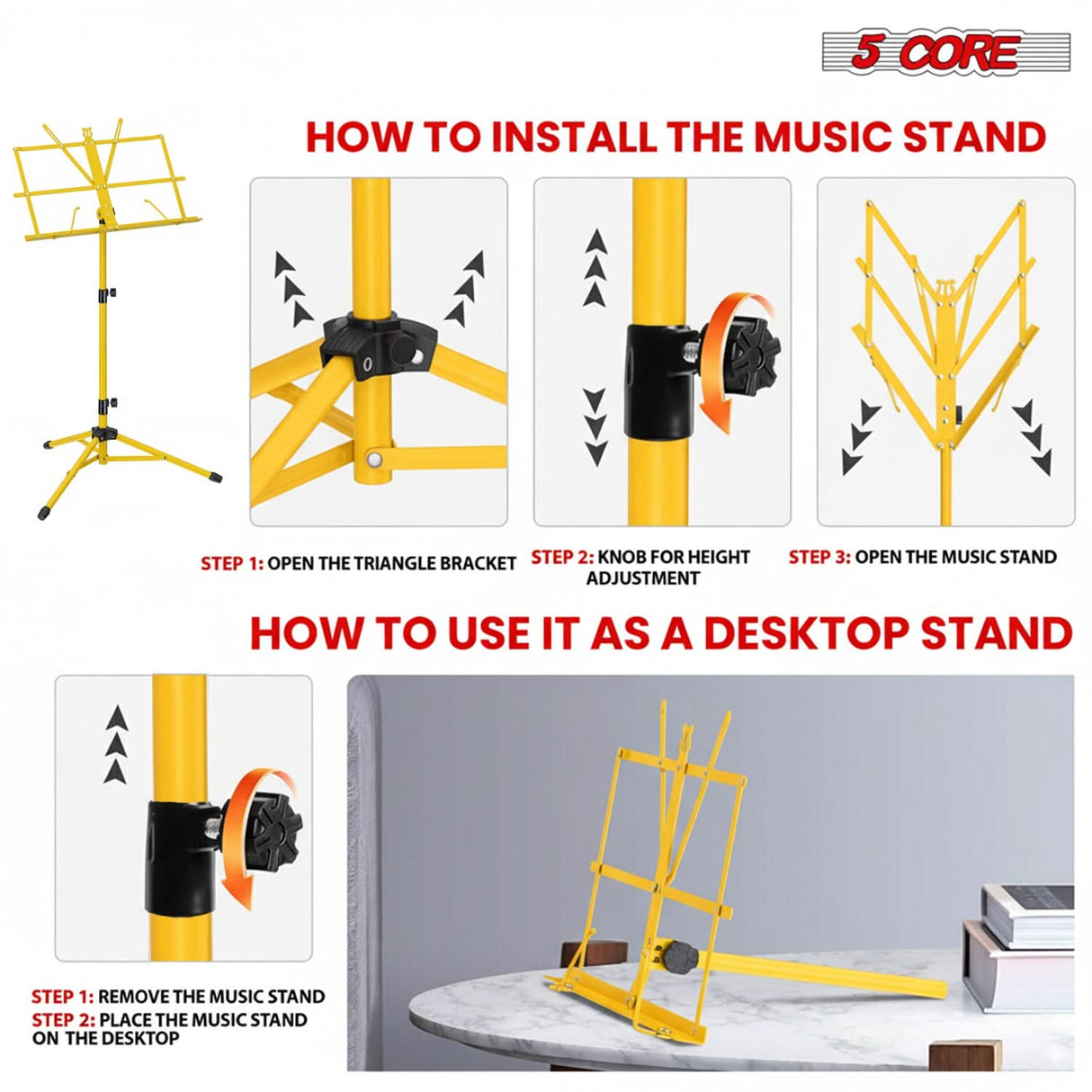 5 Core Music Stand Adjustable 57" Desktop Book Stands Sheet Holder All Metal Portable Bookstand