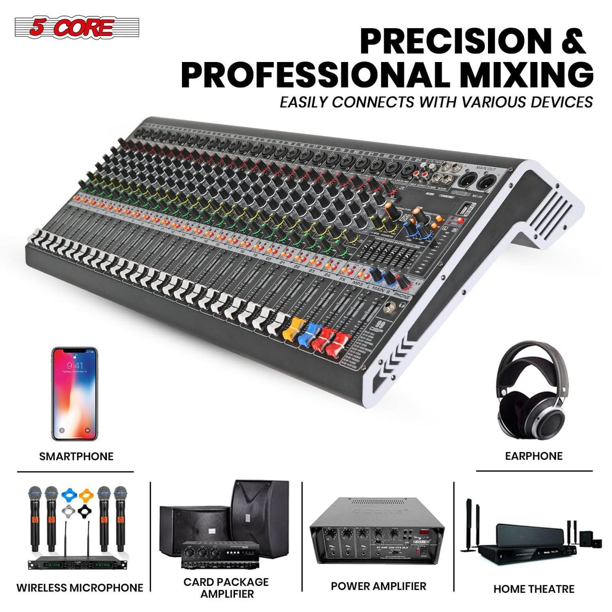 5Core 24-channel DJ soundboard with Bluetooth, USB, and PC recording, PA analog interface