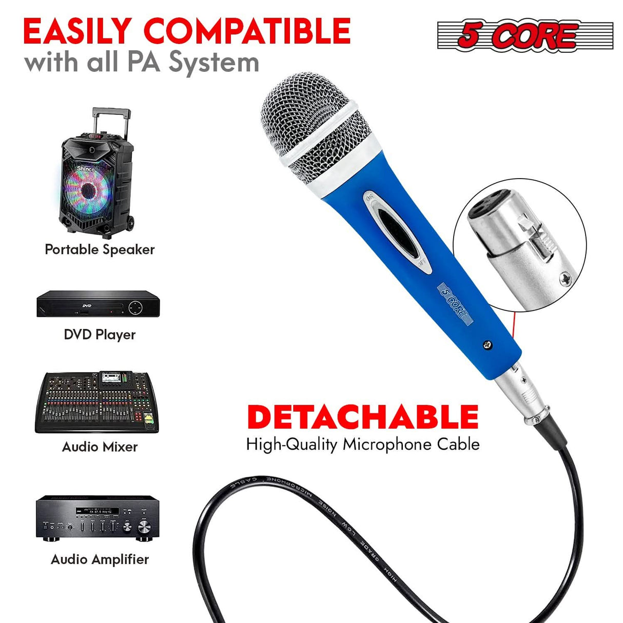 Professional Vocal Microphone: 5 Core XLR dynamic mic for DJs and music performances.