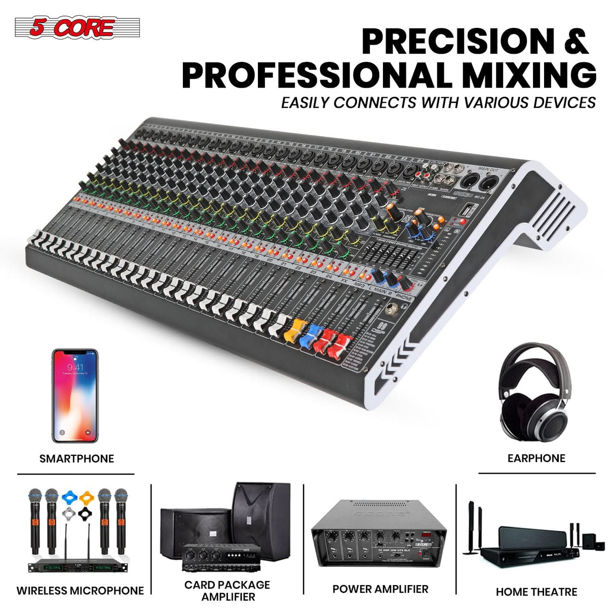 5Core Audio Mixer 24 Channel DJ Mixing Board Bluetooth USB Analog Professional Mezclador De Audio