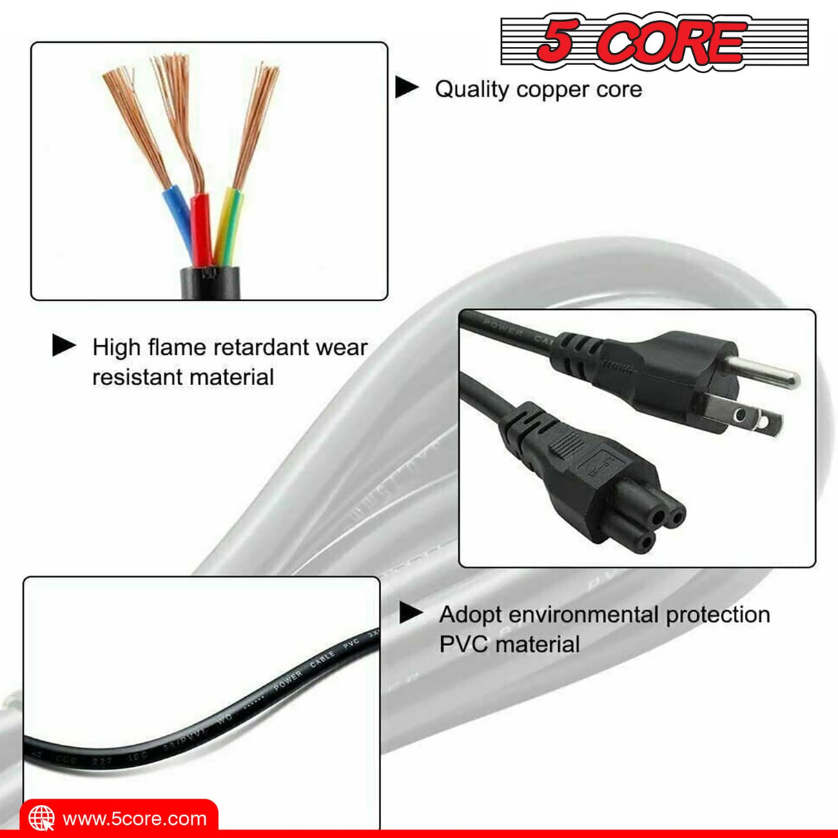 5Core AC Power Extension Cable male to female connector view