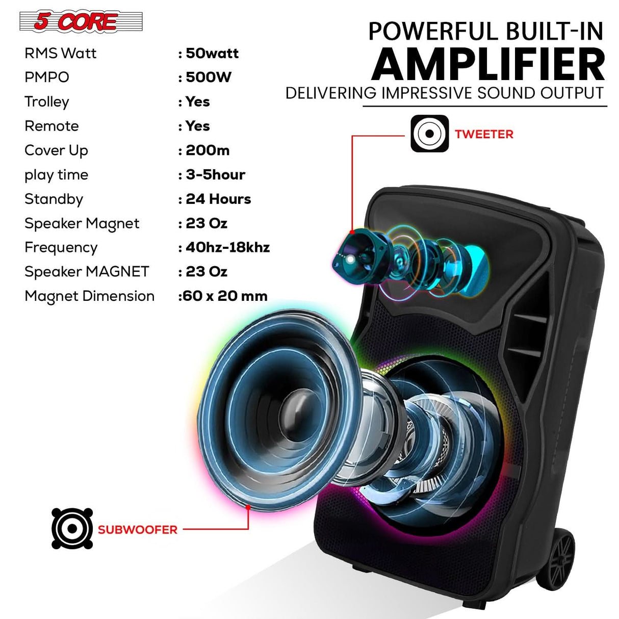 5 Core Bluetooth party speaker 500W LED speaker light front view