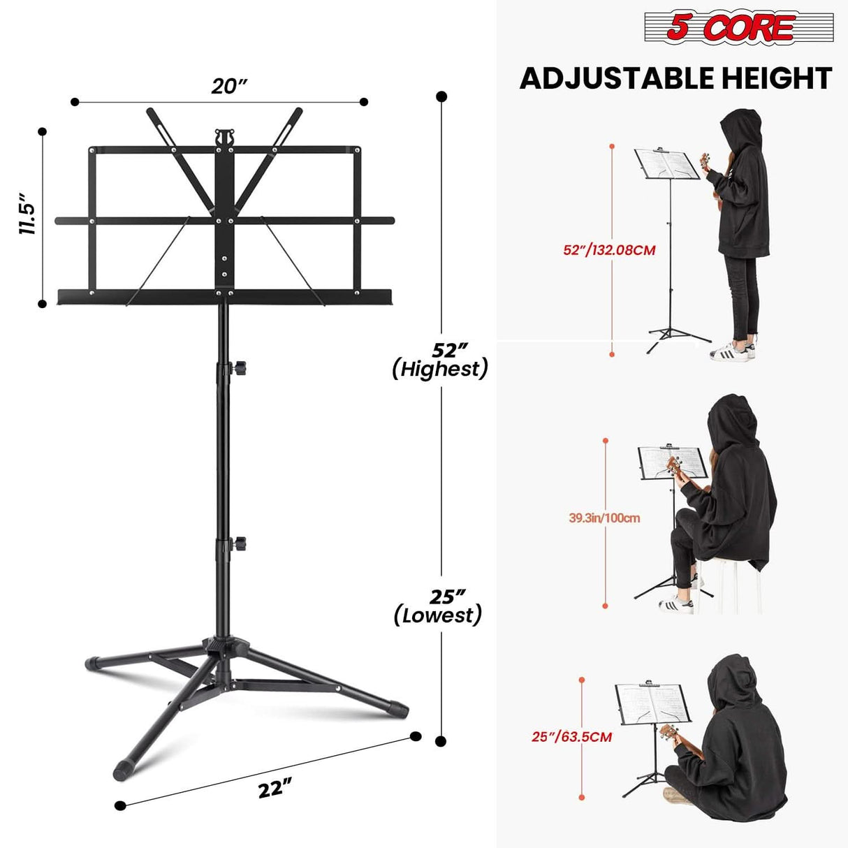 5 Core Music Stand Adjustable 57" Desktop Book Stands Sheet Holder All Metal Portable Bookstand