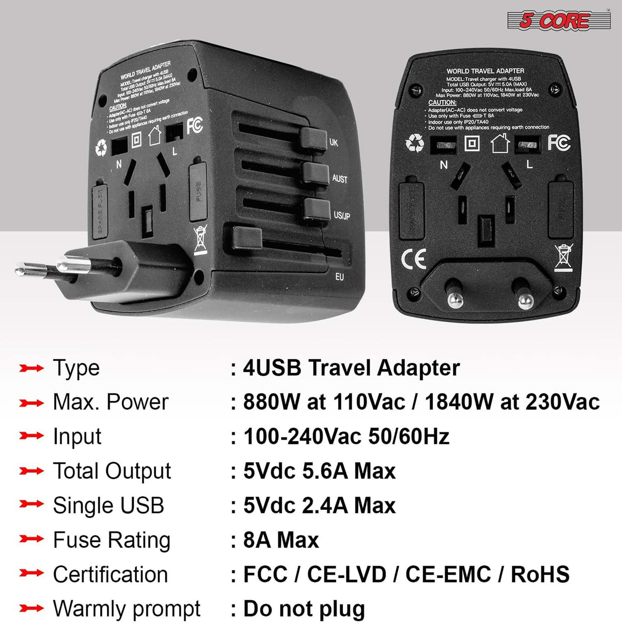 Compact travel adapter with multiple plug types