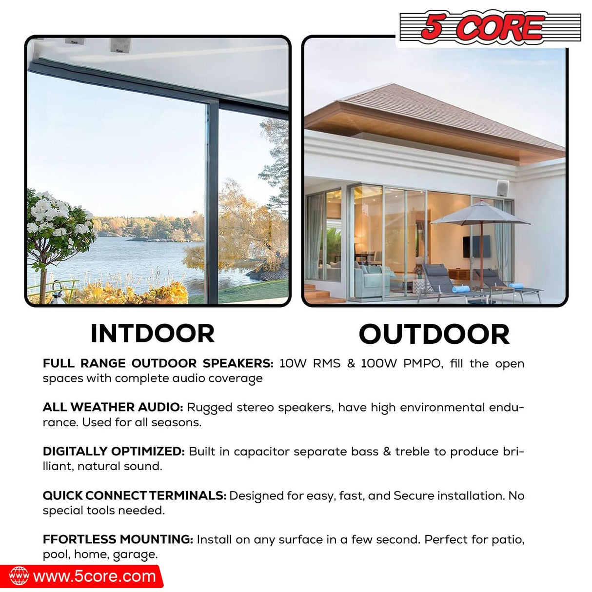 Stereo in-wall speakers by 5Core perfect for patios and backyards