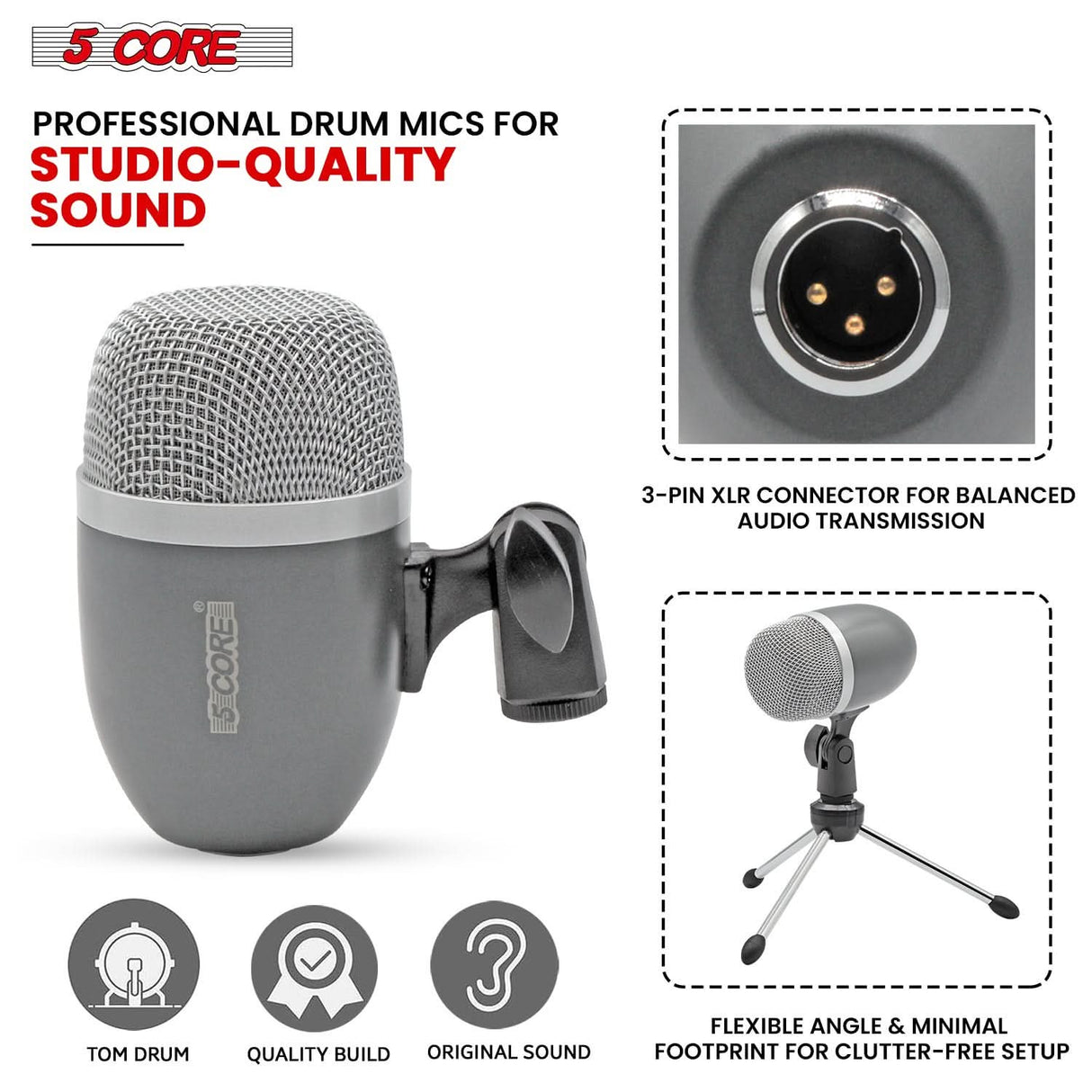 Professional 5Core drum microphone for snare and tom clarity
