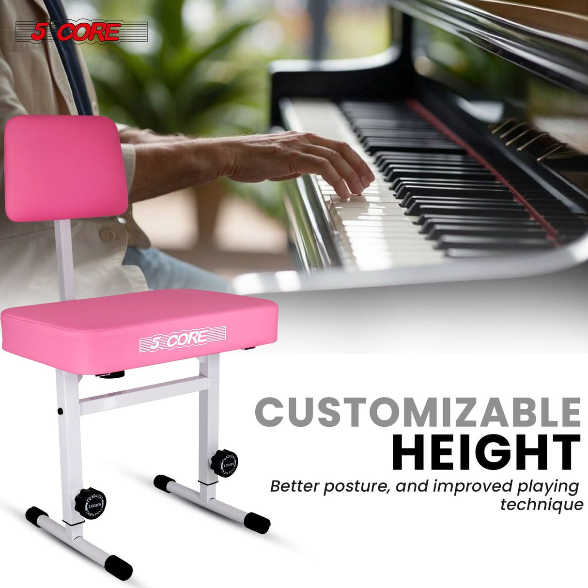 5 Core Piano Bench 3" Padded Cushioned Stool w Backrest Heavy Duty Musician Chair Height Adjustable