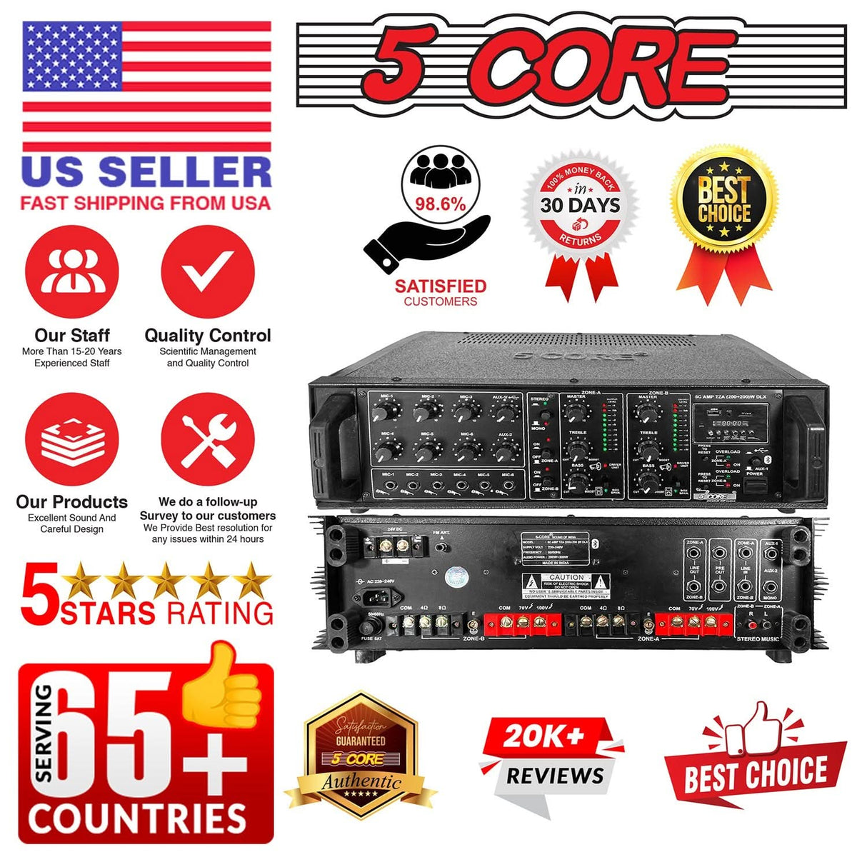 5Core Amp 500W Amplifier Home Audio PA Bass DJ Stereo Receiver Rack Mount Passive Speaker Amplificador
