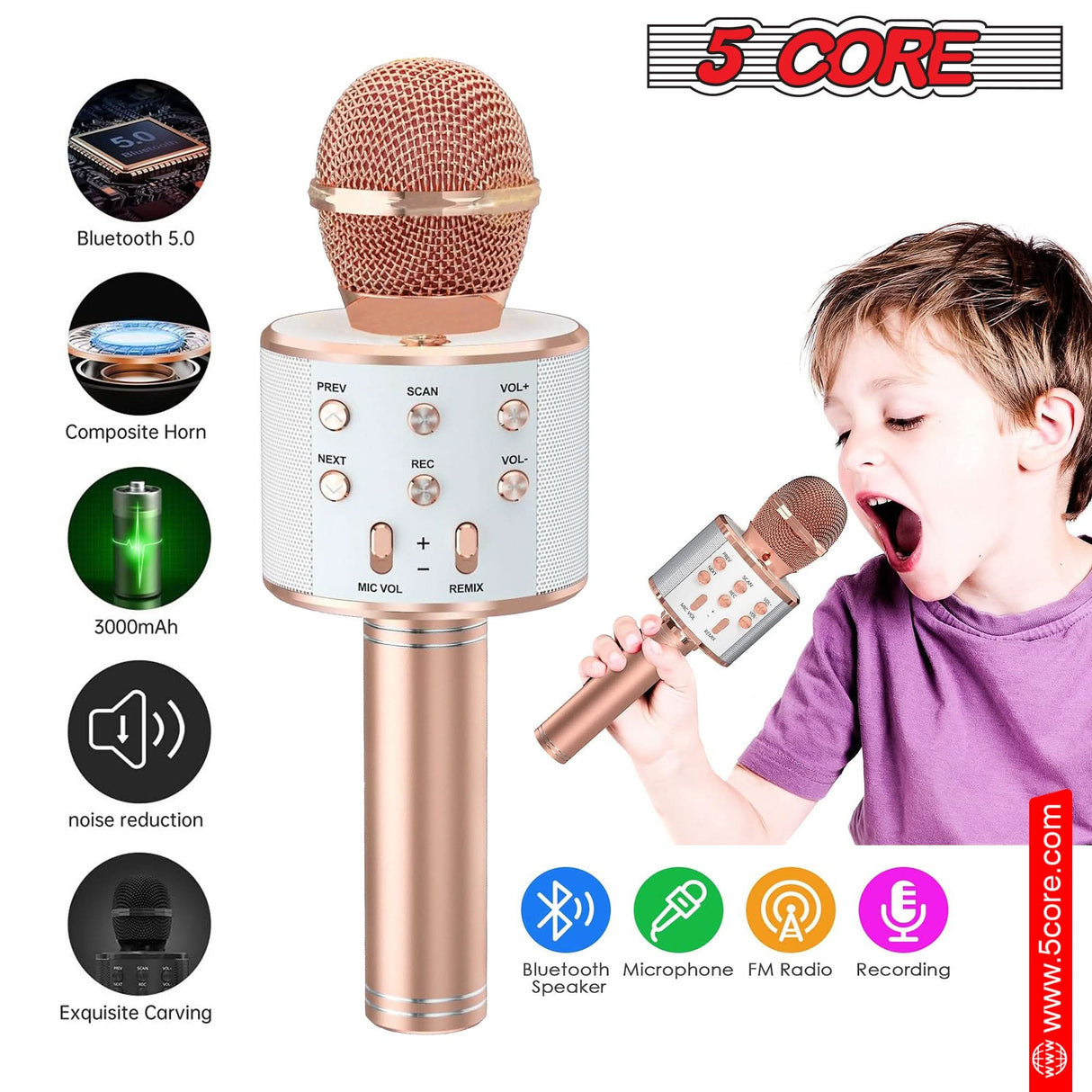 5 Core Microphone Wireless Karaoke Mic With Speaker 3 in 1 Portable Bluetooth Microfono Inalambrico COPPER & GOLD