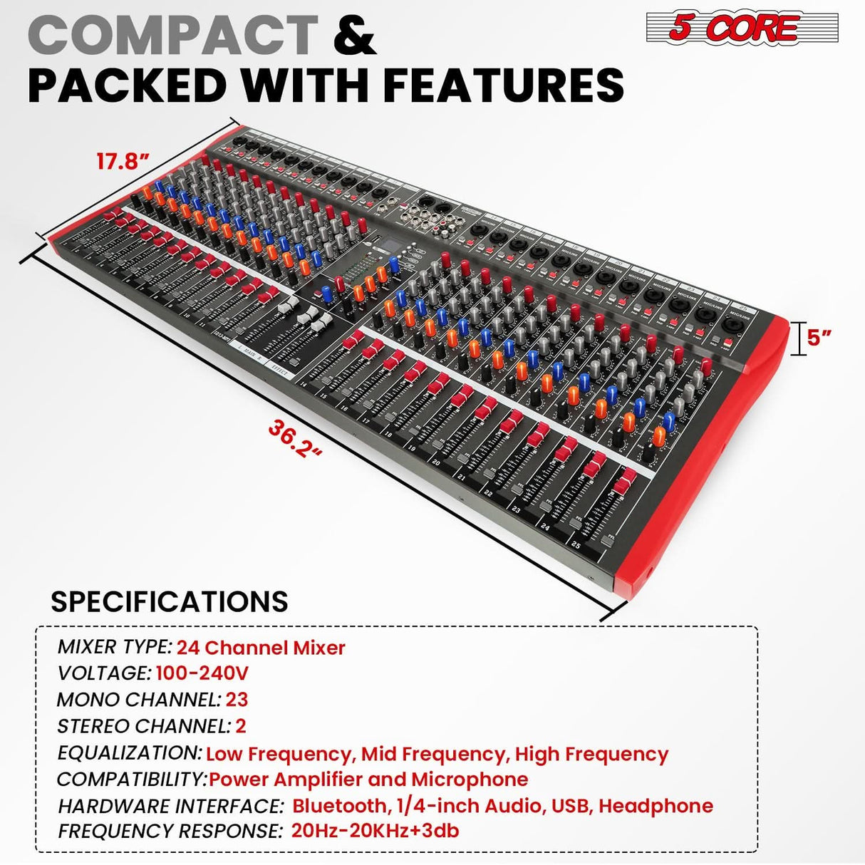 5Core 24 channel DJ mixing board with Bluetooth, USB, and analog audio capabilities for professional use