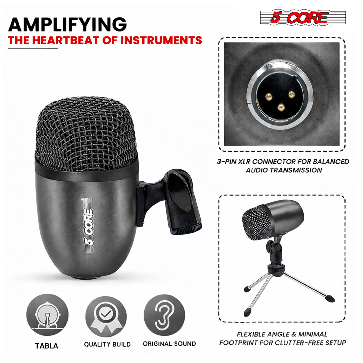 5 Core Tabla Mic Indian Instrument Microphone Set for Bayan Dayan Dholak Mic for Studio Stage Temple