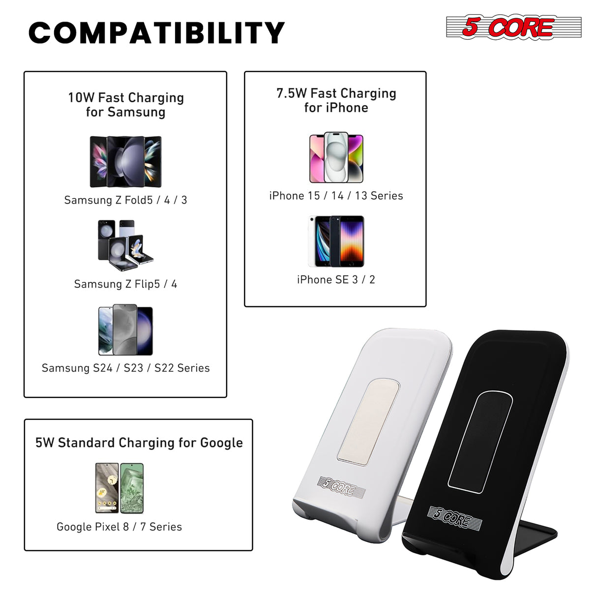 5 Core Wireless Charging Stand 2 Pieces 10W Fast Wireless Charger Station with Sleep-Friendly Light