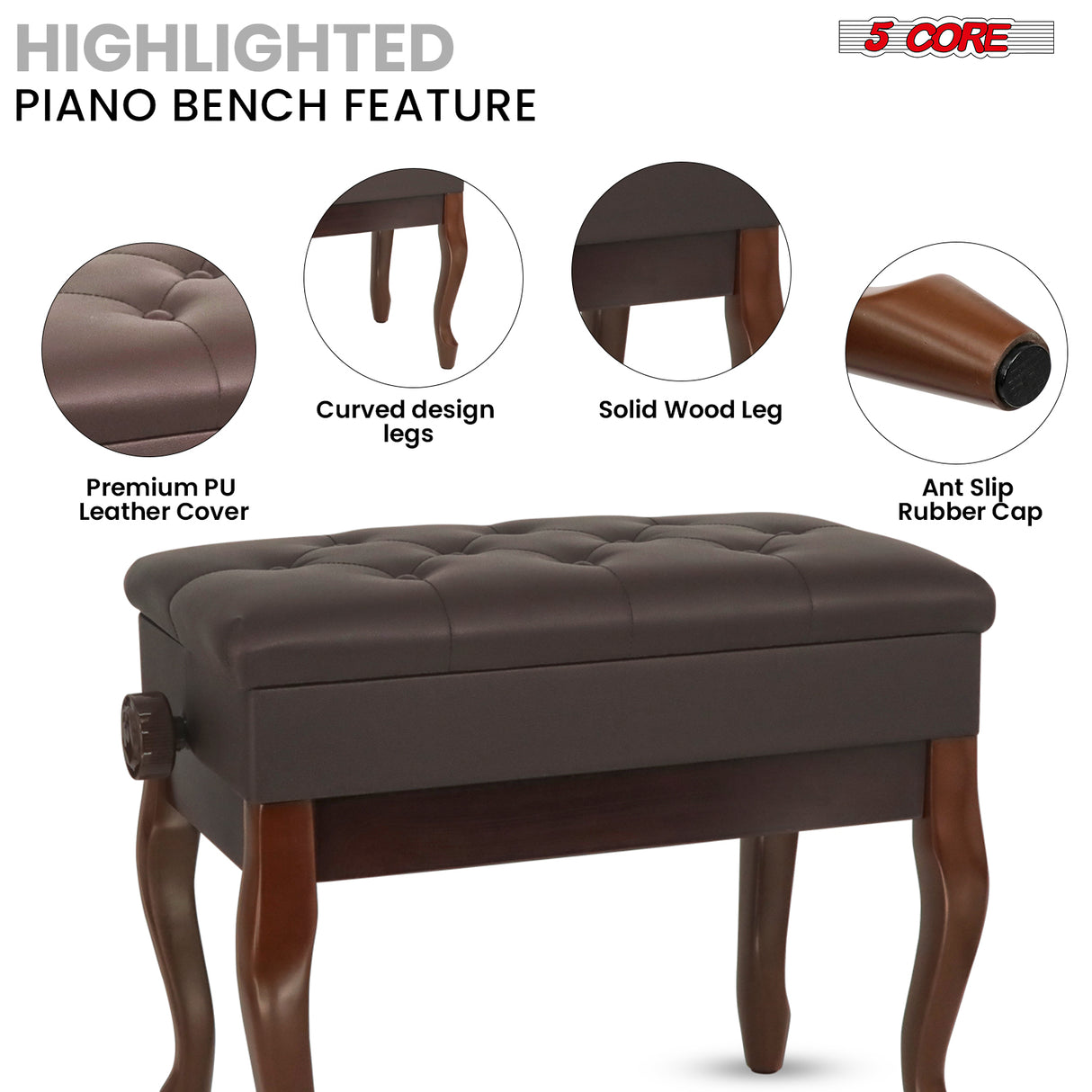 5 Core Piano Bench 3" Padded Cushioned Stool Wooden Heavy Duty Adjustable Musician Chair w Storage