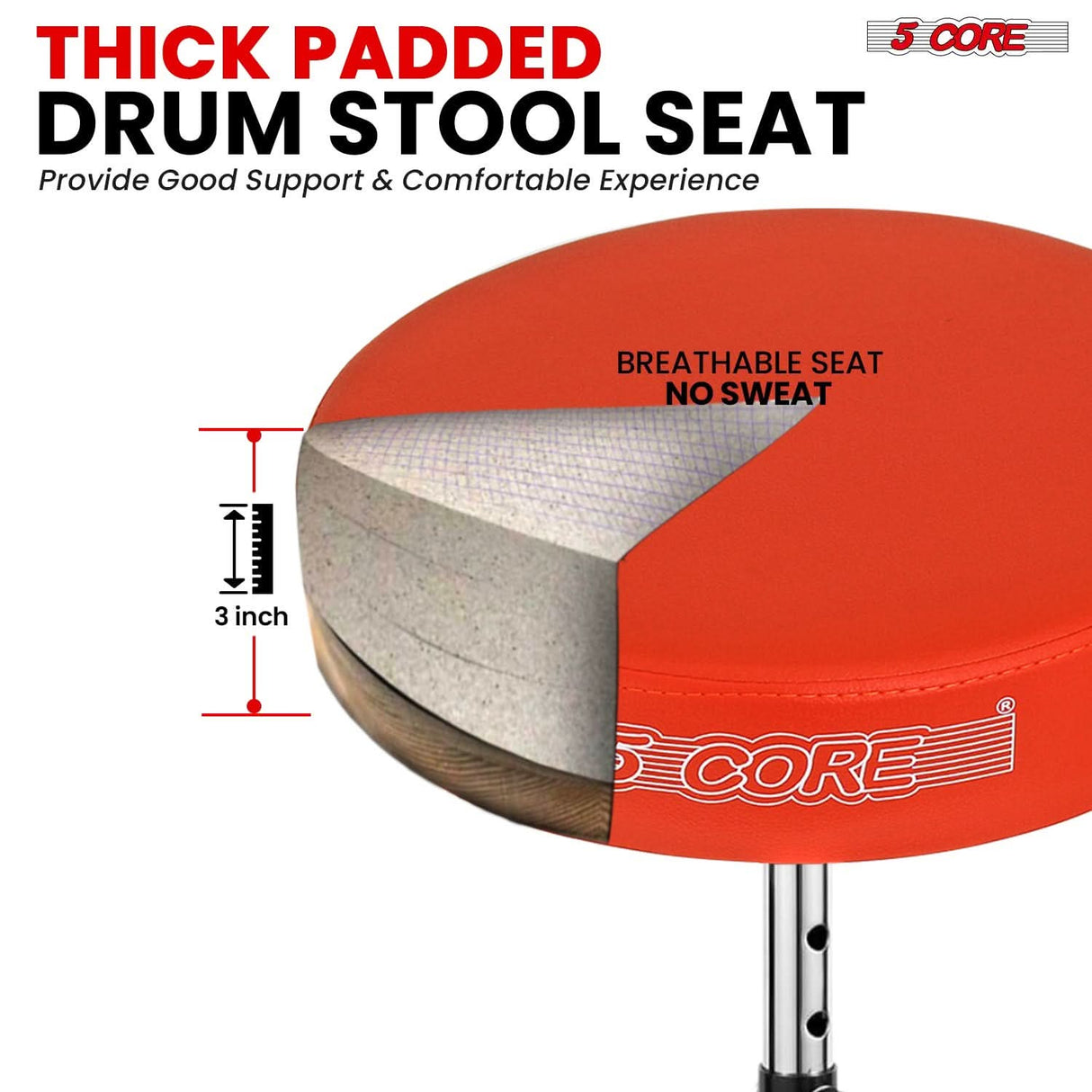 Drum seat with a height-adjustable design, ergonomic padding, and non-slip feet for secure use.