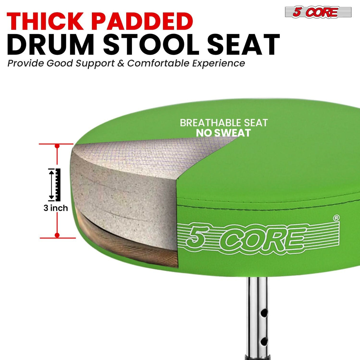 Adjustable height drum seat with a customizable design for drummers of all skill levels.