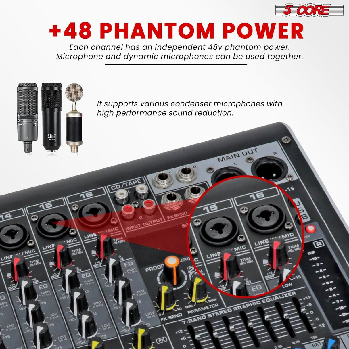 5Core professional 16-channel DJ audio mixer with Bluetooth, USB, and analog mixing capabilities