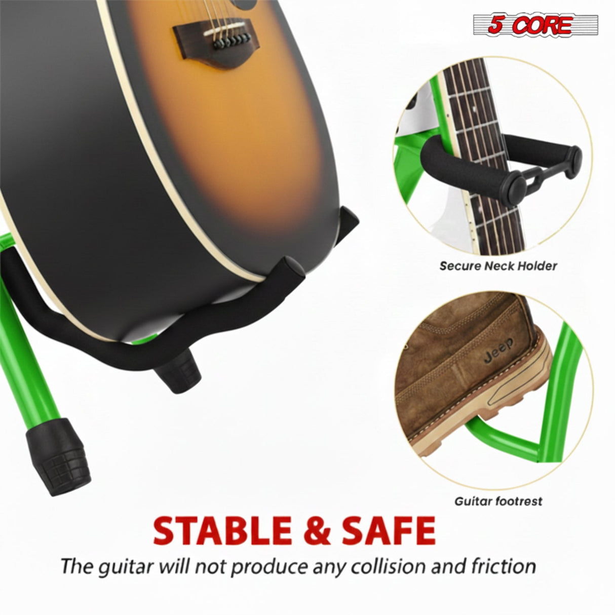 5Core Guitar Stool 3.15" Padded Chair w Backrest Foldable Music Seat Built in Foot Rest Guitar Stand