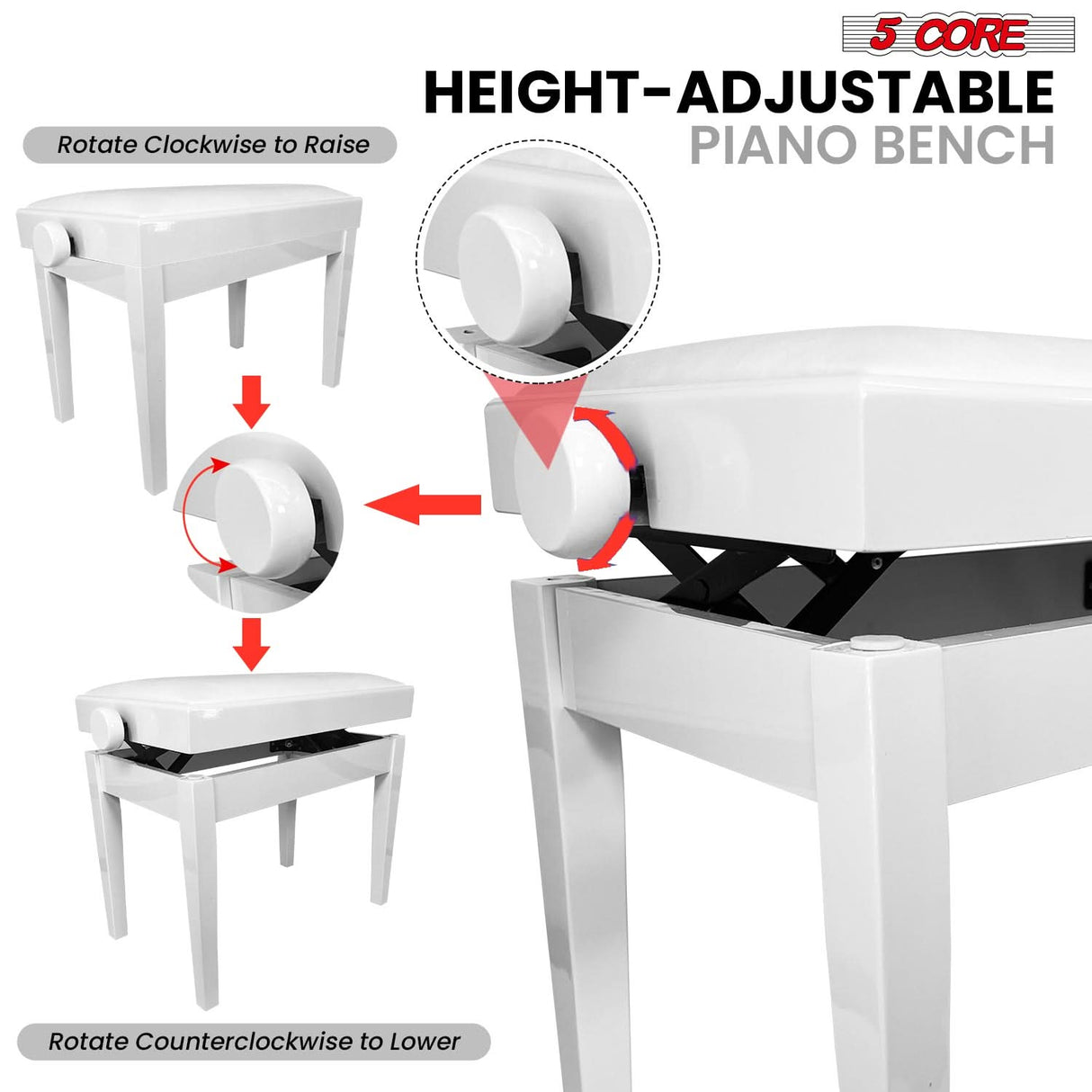 5 Core Adjustable Piano Bench Thick 3.25" Solid Wood Keyboard Stool Heavy Duty Musician Chair