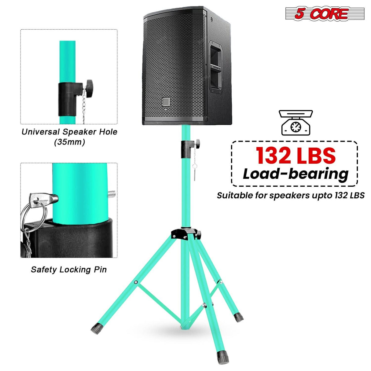 5 Core Speaker Stand Adjustable 31 to 54" PA DJ Tripod Stands Heavy Duty w 35mm Insert 132 Lbs