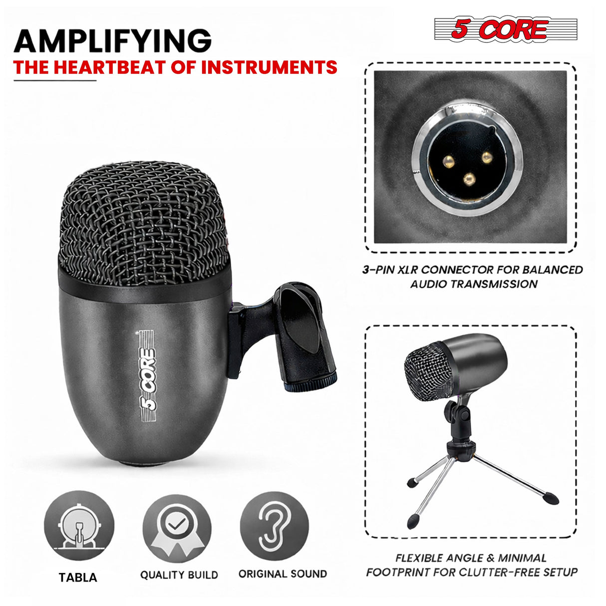 5Core Tom Snare Mic Cardioid Dynamic Microphone for Drum Kit Percussion Instrument BLACK