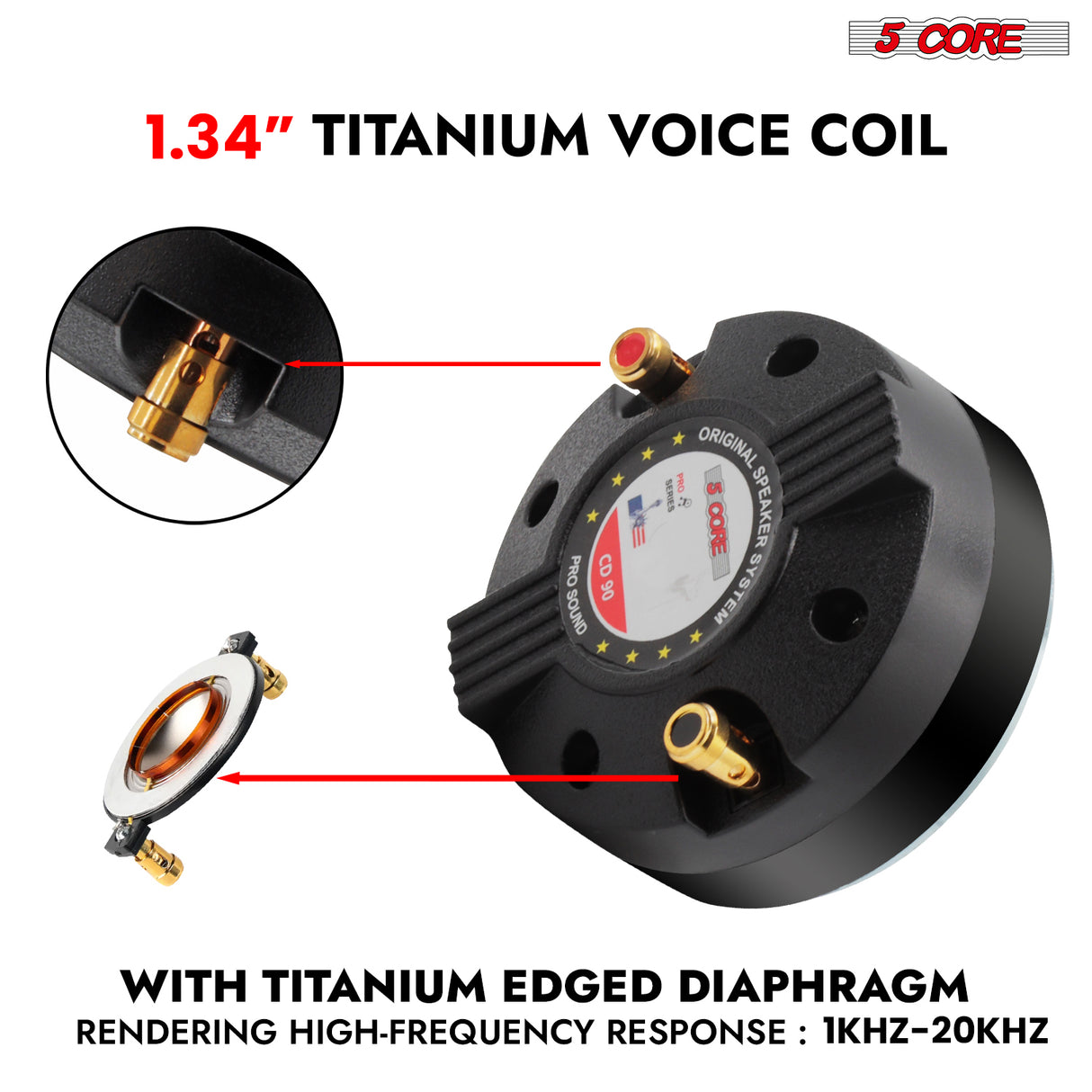 5 Core Compression Driver 2Pc 1″ PA Horn Tweeter Pro Audio 1000W 1.34″ Voice Coil 13 OZ Magnet 8Ohm