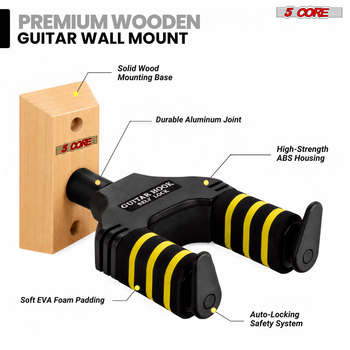 5Core Guitar Wall Mount Hanger Adjustable Display Wall Hook Holder Hard Wood Base