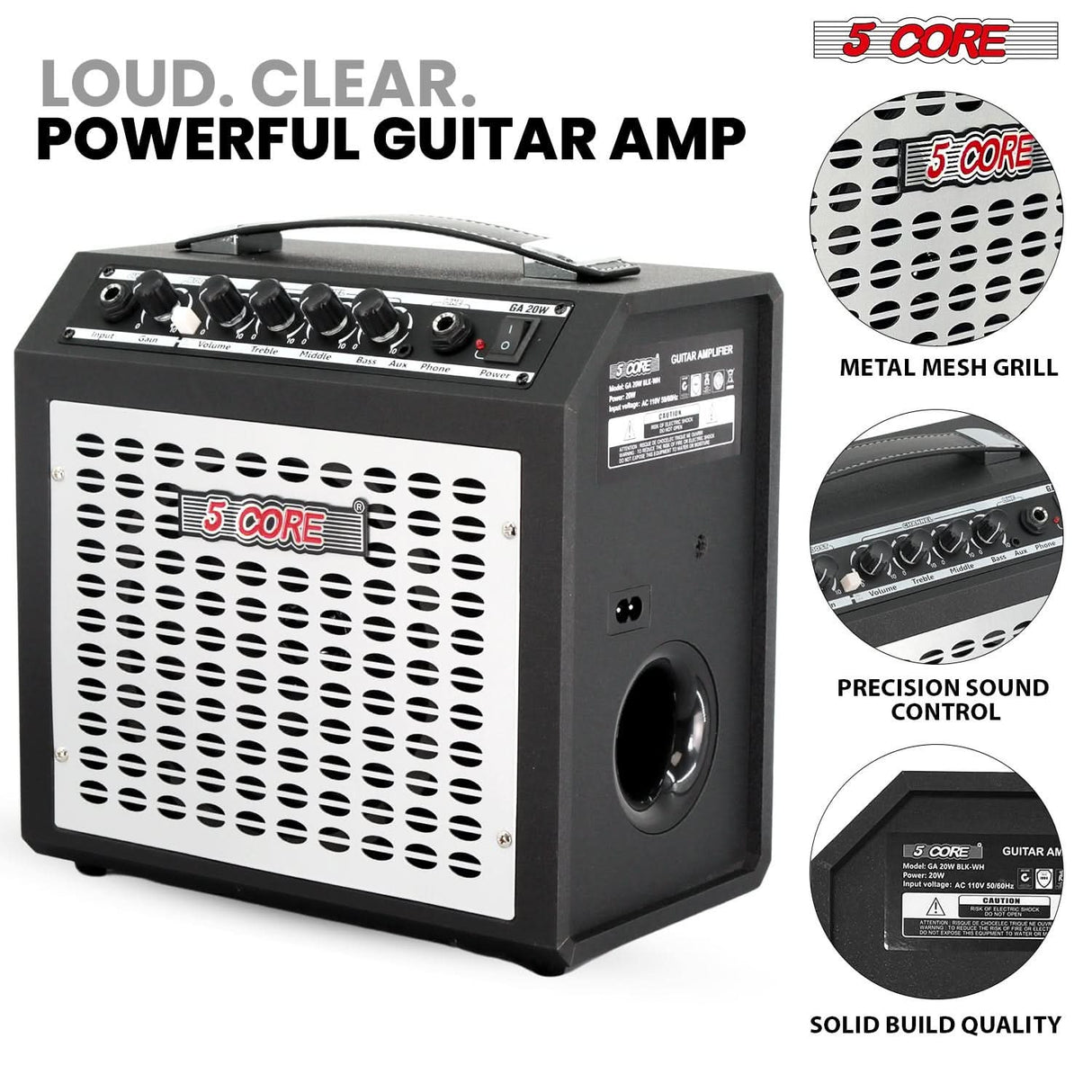 5 Core Guitar Amp 20W Electric Portable Mini Amplifier w Built in 6.5" Speaker Aux Headphone Jack