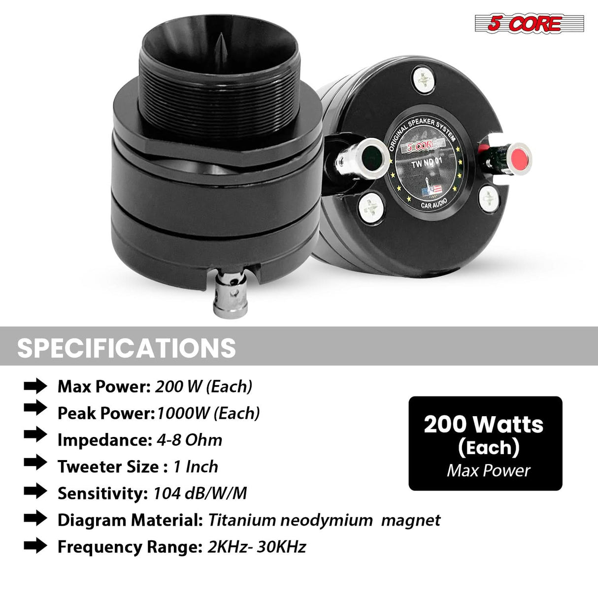 5Core Super Tweeter 2Pc 1" Car Audio Speaker 60W Max Power 4 Ohm Titanium Diaphragm Neodymium Magnet