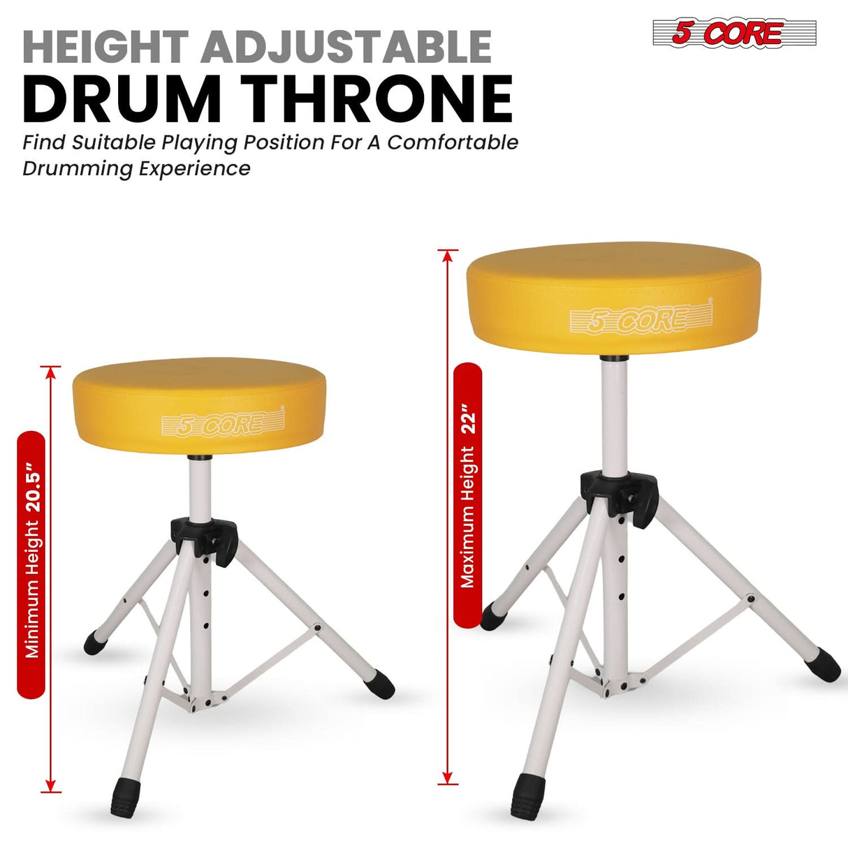 5 Core Drum Throne 3" Thick Padded Memory Foam Comfortable Drummer Stool 330Lb Capacity Adjustable