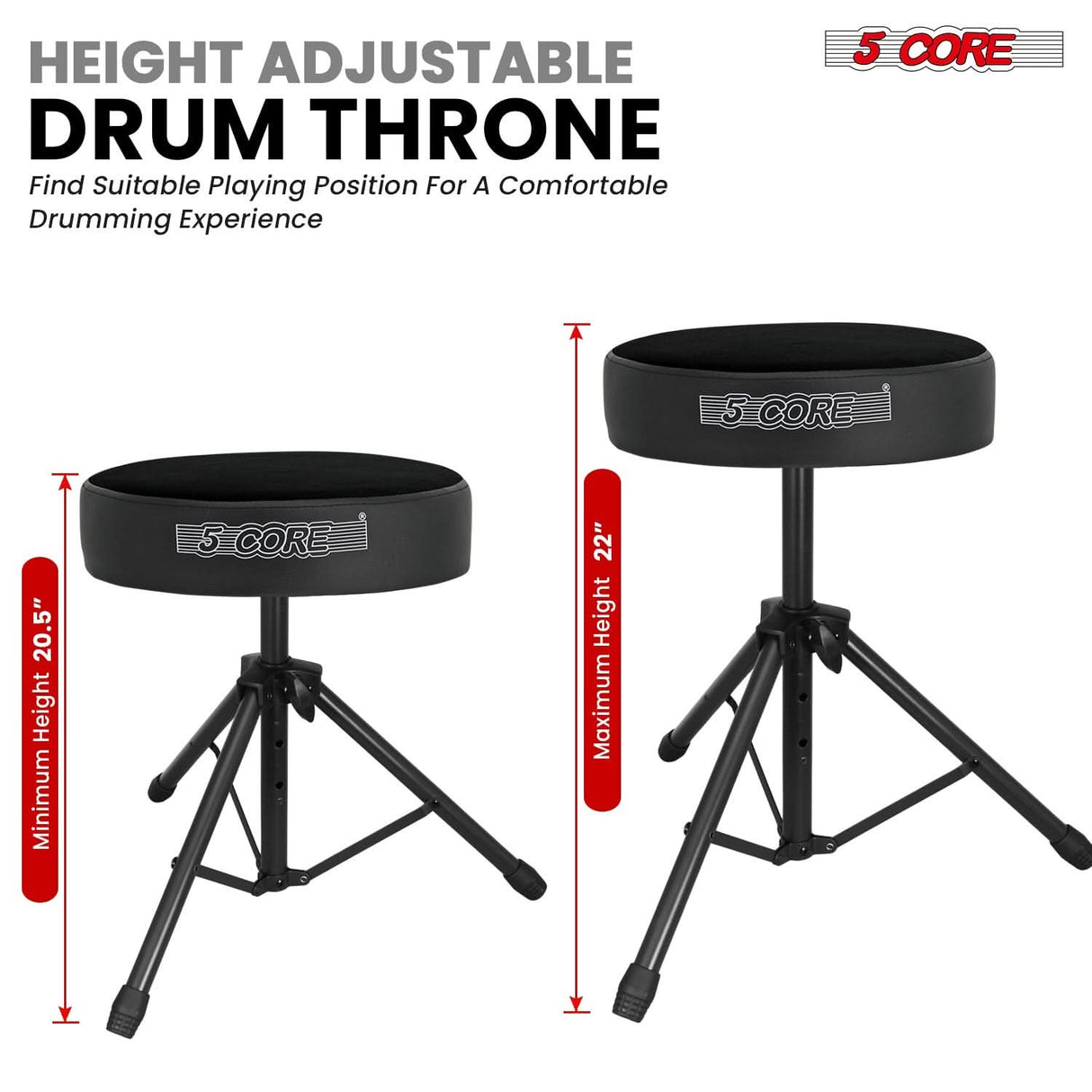 5 Core Drum Throne 3" Thick Padded Memory Foam Comfortable Drummer Stool 330Lb Capacity Adjustable