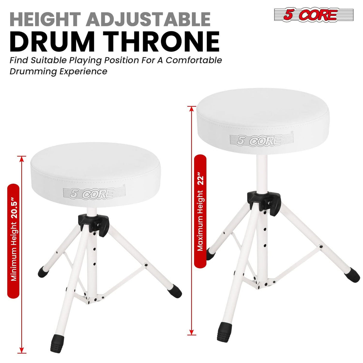 5 Core Drum Throne 3" Thick Padded Memory Foam Comfortable Drummer Stool 330Lb Capacity Adjustable