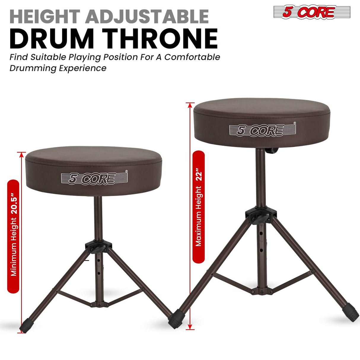5 Core Drum Throne 3" Thick Padded Memory Foam Comfortable Drummer Stool 330Lb Capacity Adjustable