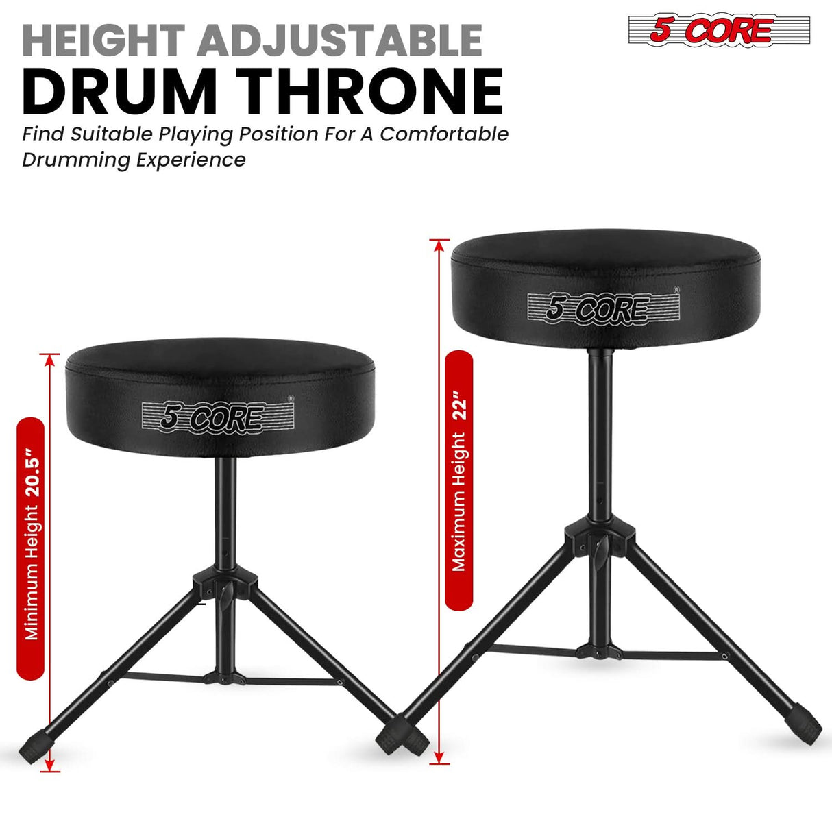 5 Core Drum Throne 3" Thick Padded Memory Foam Comfortable Drummer Stool 330Lb Capacity Adjustable